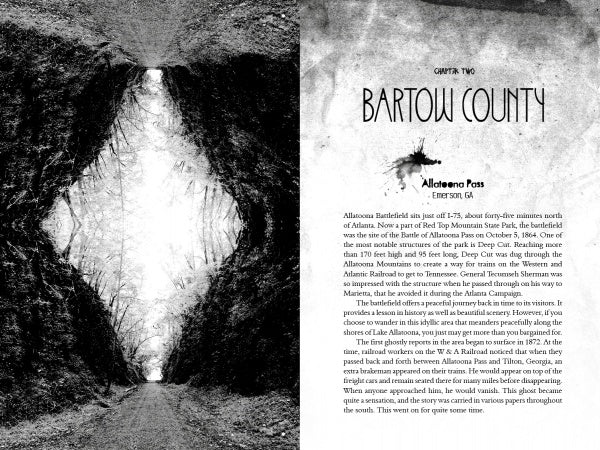 A black-and-white image features a railroad cutting through leafless trees. Next to it is a page from "Haunted Northwest Georgia" by Schiffer Publishing, Ltd., sharing ghost stories from Allatoona Pass and Bartow County.