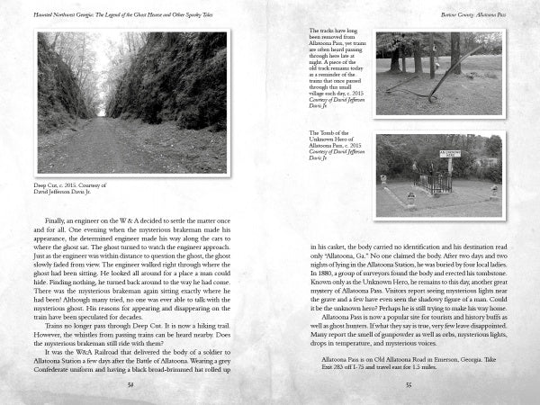 Two pages from "Haunted Northwest Georgia" (Schiffer Publishing, Ltd.) show text and black-and-white photos: a tree-lined dirt road, a grassy tombstone, and a wooden sign reading “Allatoona Pass,” evoking classic local ghost stories.