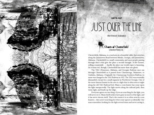 A black and white book spread from "Haunted Northwest Georgia" by Schiffer Publishing, Ltd. shows mirrored rocky cliffs on the left and text introducing a chapter about Chesterfield, Alabama’s ghosts inspired by classic Appalachian haunted tales.