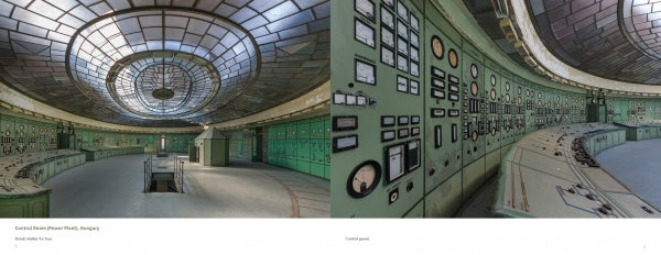 Two images from Schiffer Publishing, Ltd.’s "The World of Urban Decay 2" showcase an old control room with a stained-glass ceiling and green control panels, highlighting the allure of urban exploration and natural decay in abandoned spaces.