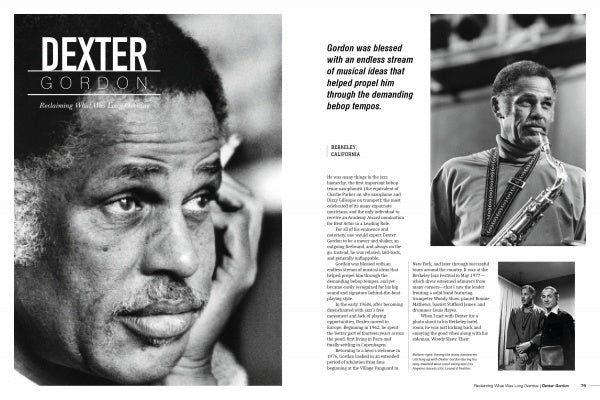 Jazz in Available Light by Schiffer Publishing, Ltd. is a black-and-white magazine spread featuring jazz saxophonist Dexter Gordon, portraits, a smaller image with another man, and text about his life among great jazz musicians.