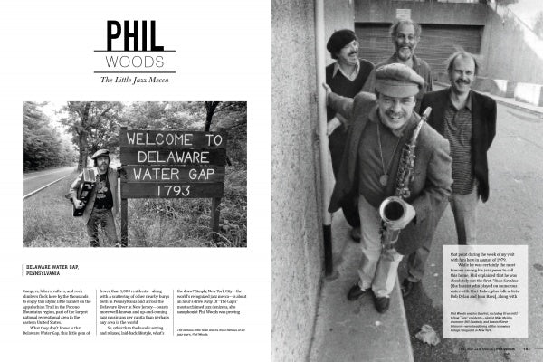 A spread from Jazz in Available Light by Schiffer Publishing, Ltd. shows saxophonist Phil Woods with his instrument beside a Delaware Water Gap sign, and Woods smiling with other jazz musicians on the right.
