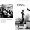 Left: In a bustling café adorned with jazz photography, people enjoy lively conversation. Right: A man stands with a trumpet, gazing at a statue of a trumpeter. From "Jazz in Available Light" by Schiffer Publishing, Ltd.