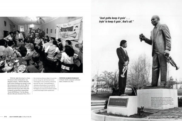 Left: In a bustling café adorned with jazz photography, people enjoy lively conversation. Right: A man stands with a trumpet, gazing at a statue of a trumpeter. From "Jazz in Available Light" by Schiffer Publishing, Ltd.