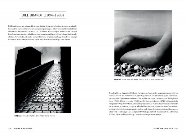 Two black-and-white photos from "Open Aperture" (Schiffer Publishing, Ltd.): a shadowed brick street beneath clouds, and a reclining nude by the sea—both examples of fine art photography by avant-garde photographer Bill Brandt.