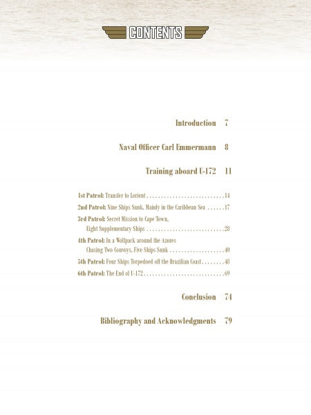 The table of contents for "German U-boat Ace Carl Emmermann" by Schiffer Publishing, Ltd. lists chapters like Introduction, U-boat commander Emmermann, Training on U-172, Six Patrols, Conclusion, and Bibliography with corresponding page numbers.