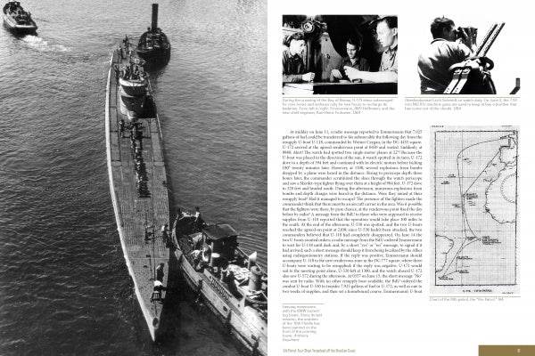 The Schiffer Publishing, Ltd. book "German U-boat Ace Carl Emmermann" features images of a submarine, likely U-172, sailing with smaller boats, plus three B&W photos of people, binoculars, a text block, and a map with routes and coastlines.