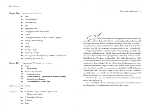 An open copy of The Wedding Invitation Handbook by Schiffer Publishing, Ltd. shows a table of contents on the left with chapters on printing and wedding stationery, and an acknowledgements page with a decorative initial letter on the right.