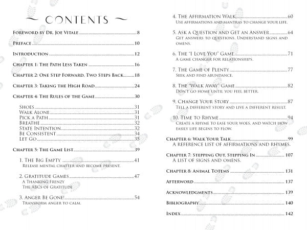Soul Stepping by Schiffer Publishing, Ltd.: Table of contents page listing chapters on gratitude, affirmation walks, spiritual walking, asking questions, the game of plenty, changing your story, and stepping out; black text on white background.