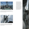 A two-page spread from Schiffer Publishing, Ltd.'s "Liberty Ships" displays photos of WWII ship rigging, masts, and winches with captions and descriptive text highlighting key mechanical details vital to the wartime supply chain.