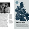 A magazine spread for "The Blues" by Schiffer Publishing, Ltd. features photos and info on Jontavious Willis, including shots of him performing, posing with another artist, a portrait graphic, and text on his life and blues legacy.