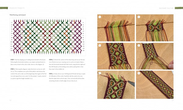 A page from “Macrame Couture” by Schiffer Publishing, Ltd. features a vibrant thread pattern chart on the left and six step-by-step photos on the right, guiding readers through creating a patterned bracelet with multiple colored threads—an ideal project for anyone interested in macramé accessories and contemporary macramé fashion.