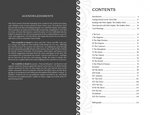 A two-page book spread from Pistis Sophia by Schiffer Publishing, Ltd.: the left shows acknowledgments, and the right features a table of contents with chapter titles and page numbers in a single column, decorated with center-margin swirls.