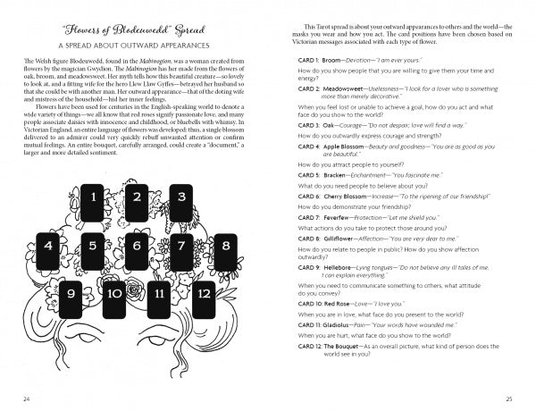 ‘Pistis Sophia’ Tarot guidebook spread by Schiffer Publishing, Ltd. features a floral illustration with 12 numbered card positions and text explaining each position’s meaning, inspired by the deck’s focus on appearances and perceptions.