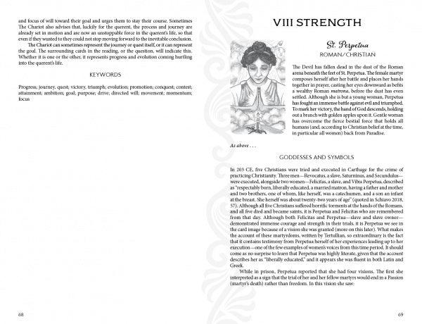 A spread from Schiffer Publishing, Ltd.'s "Pistis Sophia" depicts the Strength card—showing a woman with a lion amid ornate florals—with keywords, explanations, and symbols from this Majors-only Tarot deck.