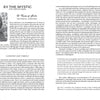 An open guidebook, "Pistis Sophia" by Schiffer Publishing, Ltd., displays two pages: the left page titled “XII THE MYSTIC (THE HANGED MAN)” features a section on St. Teresa of Ávila; both pages are filled with dense, mystical text.