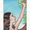 A woman with long brown hair reaches for a red fruit as a snake coils around her. Blue sky and leaves surround the scene. Below, text reads “Pistis Sophia” from Schiffer Publishing, Ltd.'s Majors-only Tarot deck.