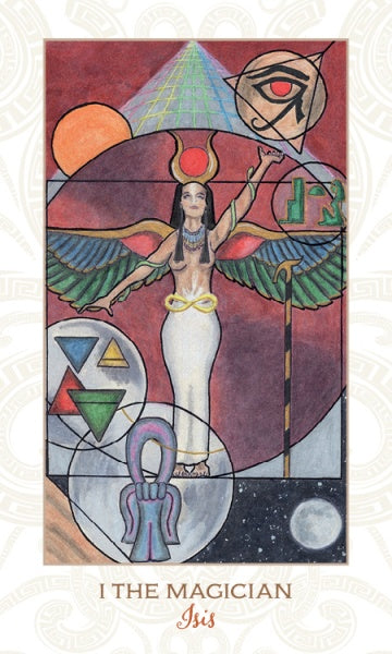 A tarot card, Pistis Sophia by Schiffer Publishing, Ltd., shows Isis with outstretched arms, wings, and headdress, surrounded by symbols, the moon, and geometry against a cosmic background in this Majors-only Tarot deck.