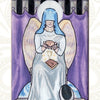 The Pistis Sophia card by Schiffer Publishing, Ltd. features a serene, seated woman with a blue headdress and veil, angel wings, and a scroll, set between two columns with a purple curtain—ideal for Goddess or Majors-only Tarot decks.