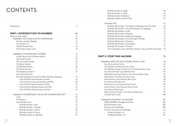 Table of contents from Numerology and Your Future, 2nd Edition by Schiffer Publishing, Ltd.; lists chapters on the predictive power of numbers, personal and birthday numbers, timing cycles, and more, with page numbers.