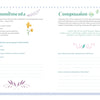 100% Happiness by Schiffer Publishing, Ltd. is a pastel-guided journal worksheet with Commitments and Compassion sections, prompts, and a floral border. Writing spaces support personal growth amid decorative flowers and leaves.