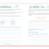 A two-page spread from "100% Happiness" by Schiffer Publishing, Ltd. features Vocabulary and Waking Up sections with tips, lined areas for notes, and decorative pastel flower and leaf graphics bordering the pages.