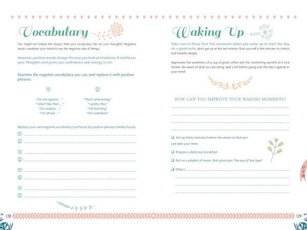 A two-page spread from "100% Happiness" by Schiffer Publishing, Ltd. features Vocabulary and Waking Up sections with tips, lined areas for notes, and decorative pastel flower and leaf graphics bordering the pages.