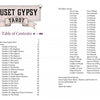 Table of contents page for Auset Gypsy Tarot by Schiffer Publishing, Ltd. features the title banner atop a white background, with sections, card names from the major and minor arcana, and page numbers organized in columns.