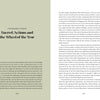 An open copy of Sacred Actions by Schiffer Publishing, Ltd. displays a left page with the chapter introduction "Sacred Actions and the Wheel of the Year" on a pale green background, while the right page offers two columns of text on earth-based spirituality.