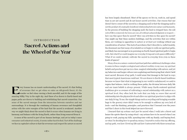An open copy of Sacred Actions by Schiffer Publishing, Ltd. displays a left page with the chapter introduction "Sacred Actions and the Wheel of the Year" on a pale green background, while the right page offers two columns of text on earth-based spirituality.