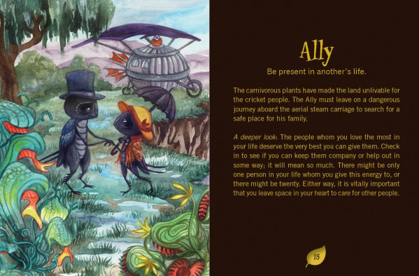 Two people in hats stand by a path with a steam carriage and vibrant plants. On the right, text about Ally encourages presence, inspired by intuitive healing cards. Product: Secret Woods by Schiffer Publishing, Ltd.