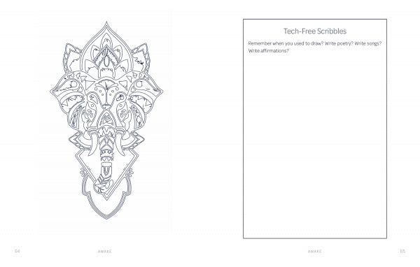 On the left, Awake by Schiffer Publishing, Ltd. features a detailed ornate elephant head; on the right, a blank Tech-Free Scribbles box invites mindful drawing or writing inspired by poetry and self-development prompts.