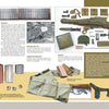A two-page spread from Schiffer Publishing, Ltd.'s "The M1 Carbine" showcases WWII gear—rifle magazines, ammo, pouches, a semiautomatic rifle, cleaning tools, bayonet, and vest—with labels and historical background.