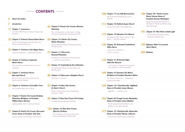 The table of contents in Breakthrough Ghost Photography of Haunted Historic Virginia by Schiffer Publishing, Ltd. lists chapters by Virginia counties and paranormal topics, with orange page numbers, a two-column white layout, purple section titles, and black chapter info.