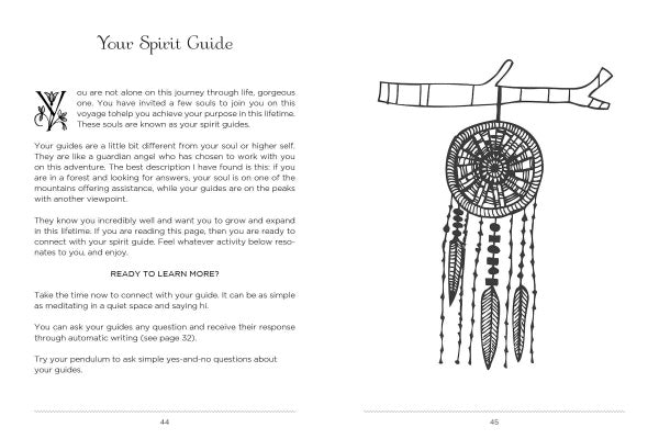 A spread from The Intuitive Adventure by Schiffer Publishing, Ltd. features info about spirit guides and a dreamcatcher illustration; the left page, "READY TO LEARN MORE?," invites you to explore intuition as part of your intuitive toolkit.