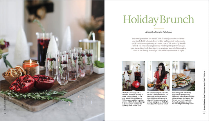 A festive brunch table from Schiffer Publishing, Ltd.'s Modern HomeMaker features sparkling drinks, pomegranate, rosemary, and candles. The right page reads "Holiday Brunch" alongside photos of drinks, appetizers, and desserts.