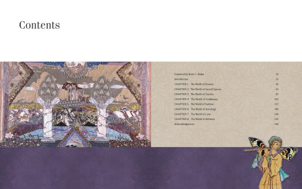 The table of contents for Enchanted Worlds by Schiffer Publishing, Ltd. features white columns and Amy Zerner-inspired fantasy art, with chapter titles and page numbers at right and a winged, horned figure in the bottom right corner.