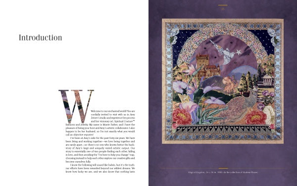 The Enchanted Worlds book from Schiffer Publishing, Ltd. features a two-page spread: the left has an Introduction with a decorative W, while the right displays a vibrant Amy Zerner-style illustration of a peacock, flowers, trees, and a fantasy castle.
