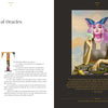 A two-page spread from Enchanted Worlds by Schiffer Publishing, Ltd.: the left page shows the chapter title "The World of Oracles" with elegant text and a paragraph. The right page displays a mystical purple-haired woman, crowned with butterflies, reading tarot cards.