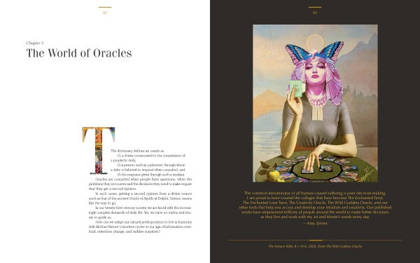 A two-page spread from Enchanted Worlds by Schiffer Publishing, Ltd.: the left page shows the chapter title "The World of Oracles" with elegant text and a paragraph. The right page displays a mystical purple-haired woman, crowned with butterflies, reading tarot cards.