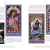 A spread in *Enchanted Worlds* by Schiffer Publishing, Ltd. features four ornate tarot card illustrations—Death, mystical figures, animals, and celestial motifs—with text exploring their art and oracular wisdom.