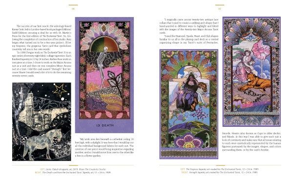 A spread in *Enchanted Worlds* by Schiffer Publishing, Ltd. features four ornate tarot card illustrations—Death, mystical figures, animals, and celestial motifs—with text exploring their art and oracular wisdom.