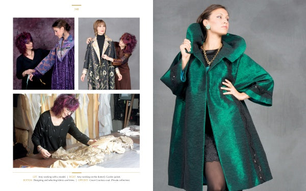 A collage shows a designer fitting jackets, sewing, and a woman posing in a shiny green coat with a dramatic collar—evoking mystical fashion inspired by "Enchanted Worlds" from Schiffer Publishing, Ltd., against a gray background.