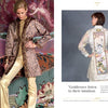 Two women model Enchanted Worlds by Schiffer Publishing, Ltd.: Left poses by vibrant florals in gold pants and leopard print coat; right shows the back of a white coat featuring Amy Zerner’s illustrated panel and text.