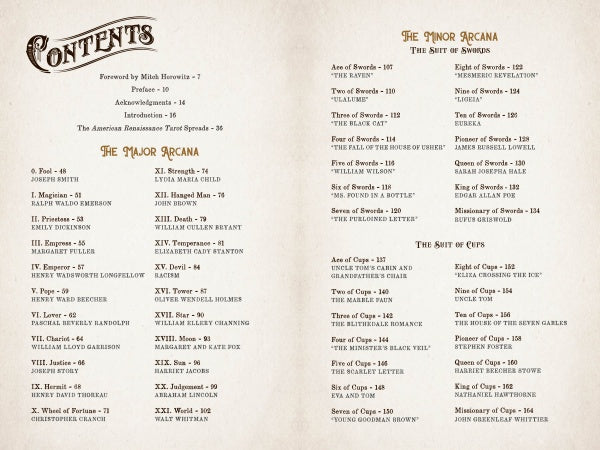 The American Renaissance Tarot by Schiffer Publishing, Ltd. features a table of contents in serif font on two cream pages, listing The Major Arcana, The Suit of Swords, spreads, and more, all inspired by American literature.