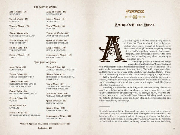An open book from The American Renaissance Tarot by Schiffer Publishing, Ltd. displays a table of contents with tarot cards and essays on the left, and a foreword, “America’s Hidden Mosaic,” about literary tarot and US literature on the right, featuring a decorative letter A.