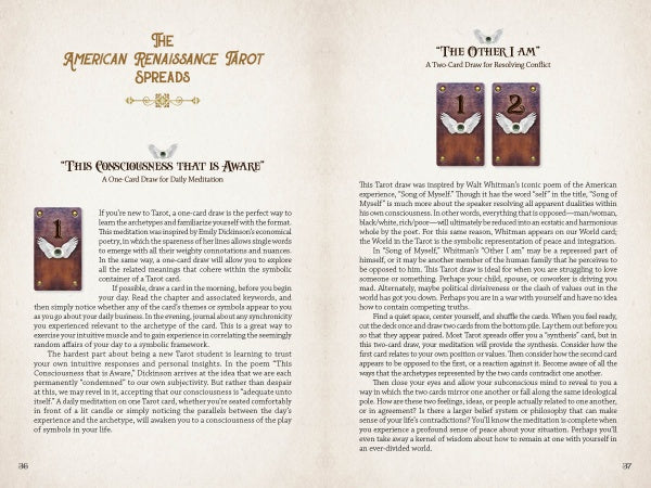 Two pages from Schiffer Publishing, Ltd.’s The American Renaissance Tarot reveal spreads inspired by Transcendentalism and the Other I Am, with literary insights and tarot card illustrations above.