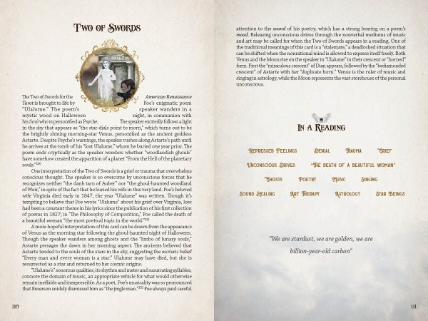 A book spread from The American Renaissance Tarot by Schiffer Publishing, Ltd. showcases the Two of Swords: left page with card art, analysis, and meanings; right page merges literary tarot with American literature and a star-themed poem excerpt.