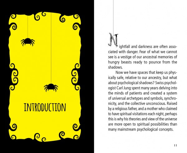 In Shadowland Lenormand by Schiffer Publishing, Ltd., the two-page spread features a yellow left page with black swirls, cartoon spiders, and "INTRODUCTION;" the right page is white with a decorative N and intro text on nightfall, darkness, shadow work, and Jung.