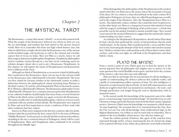 An open book, The Buddha Tarot by Schiffer Publishing, Ltd., displays Chapter 2. The left page explores Neoplatonism and the Renaissance; the right discusses their influence on Plato’s philosophy and the Major Arcana. Both pages are text-heavy.